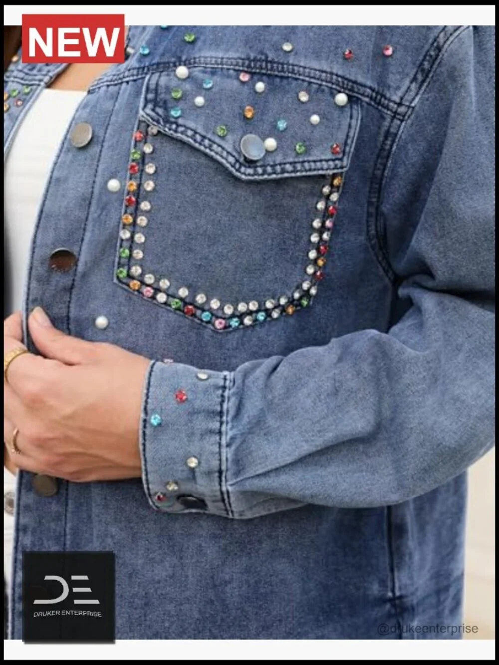Embellished Rhinestone Pearl Denim Jacket Oversized Frayed Hem Pockets